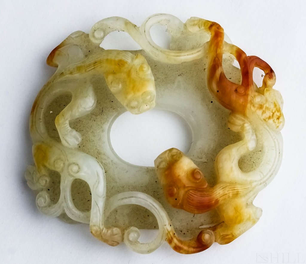 Antique Chinese Carved White Rust Jade Dragon Bi Disc (1 of 3)