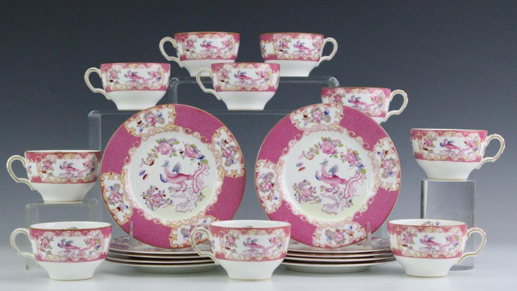 53 pc Minton China Pink Cockatrice Dinner Set: Fifty three piece dinnerware set by Minton. Crafted of fine quality English Bone China porcelain. Features the Cockatrice Pink pattern with smooth rim and wreath back stamp. Ornate design with Chinese