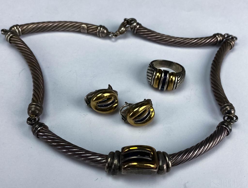 Signed 18k Gold Sapphire 925 Necklace Earring Ring (1 of 6)