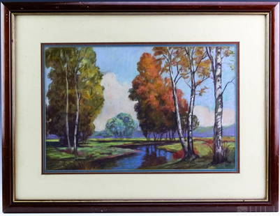 John Henderson Fall Landscape Pastel On Paper: Original pastel on paper painting. Depicts a fall rural landscape scene. Signed lower right John Henderson. Artwork measures 12" x 18" Frame measures 20" x 26". Good condition with mild surface wear t