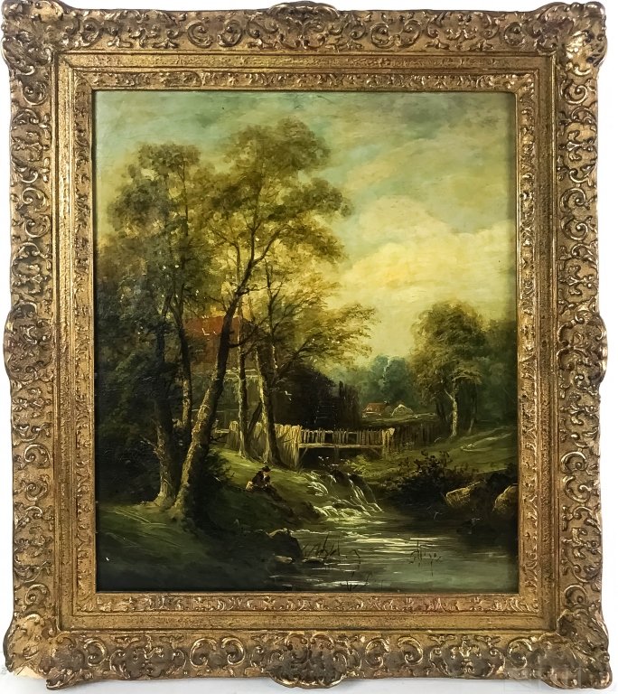 Antique Figural Landscape River Scene Oil Painting (1 of 4)
