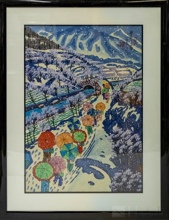 E. Asian Figural Landscape Tempera Snow Painting (1 of 5)