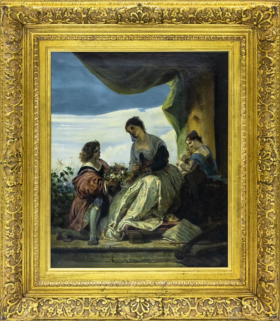 Antique Figural Lady w/ Attendants Oil Painting (1 of 6)