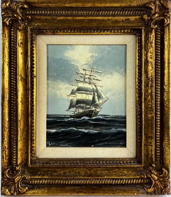 20th C. Seascape Sailboat Ship Oil Art Painting (1 of 6)