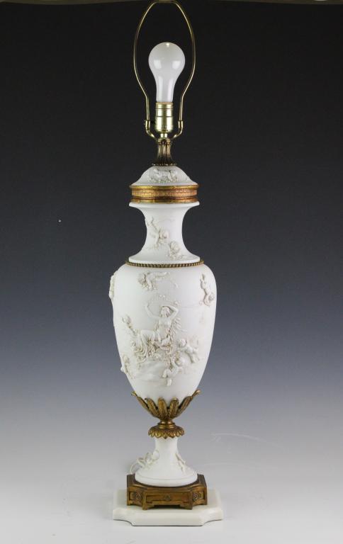 Old Bisque Porcelain Raised Figural Cherub Lamp (1 of 3)