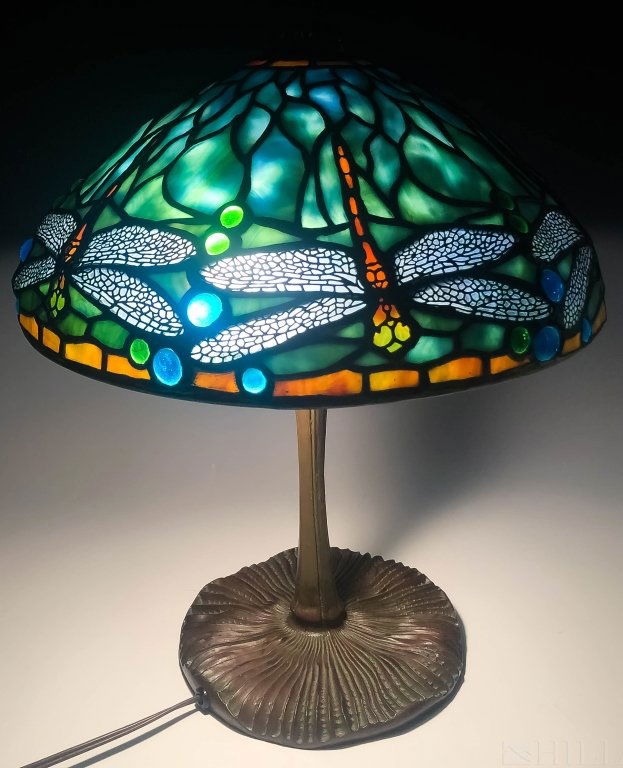 Tiffany Style Patinated Bronze Dragonfly Desk Lamp (1 of 7)