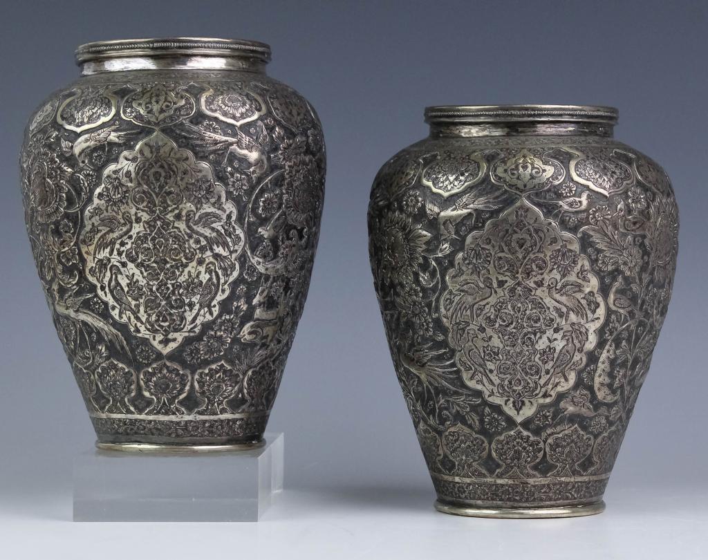 Pr. Persian Repousse Silver Floral Bird Vases 545g (1 of 4)