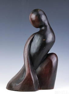 Artist Signed Modernist Carved Figural Sculpture: Artist signed carved wood sculpture. Features an abstract modernist figural form. Signed on the base with etched mark as well as "Beck". Possibly the signature of Michael Beck. Measures 14 1/2" x 9" x