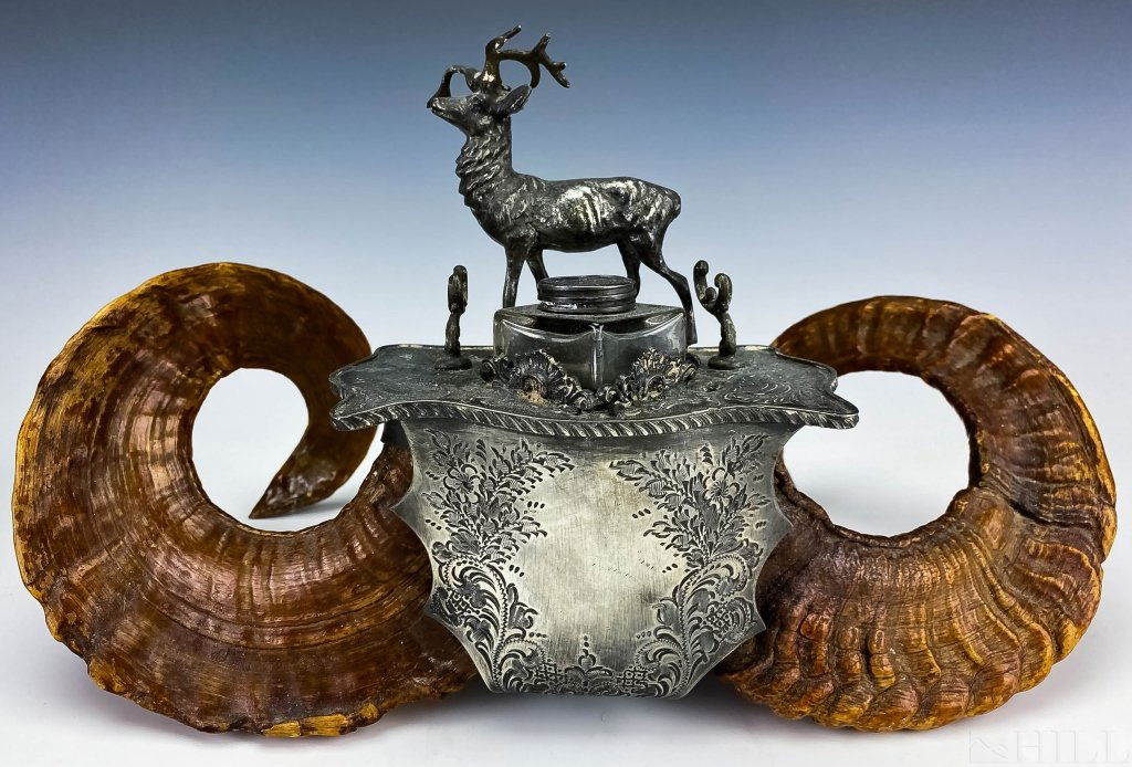 Antique Rams Horn Silver Plated Inkwell & Pen Rest (1 of 5)