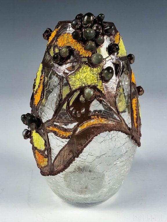 Jeweled, Enameled & Copper Art Crackle Glass Vase (1 of 5)