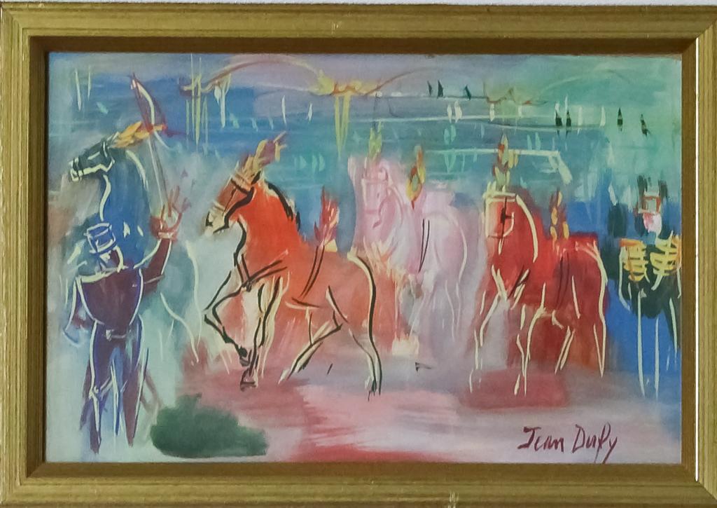Jean Dufy Original Gouache Horse Parade Painting: Guaranteed Authentic Jean Dufy (1888-1964) French, gouache painting on paper. Titled: "Parade au Cirque". Artwork depicts vibrantly colored horses and elaborately dressed men. Signed lower right. Work