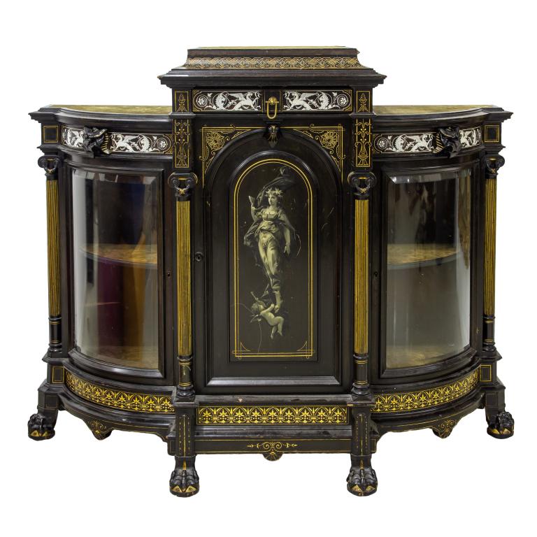 Herter Brothers Inlaid Ebonized Wood Credenza: American Gilded Age eboinzed and inlaid parlor cabinet by Herter Brothers (circa 1870 New York). Stepped green velvet inset top over three inlaid drawers above three paneled doors raised on carved web