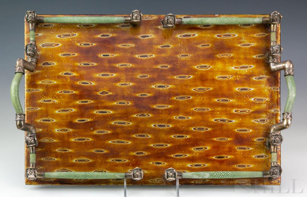 Japanese Shikki Shagreen Silver Mounted Tray RARE: Fine Japanese Shikki lacquer gallery tray. Features a lacquer tray with amber and silver color lacquer polished to reveal elegant layers in a dot pattern. Mounted with ornate silver and green shagreen