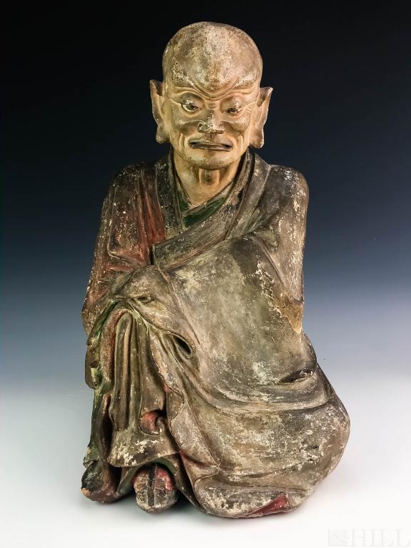 Old Chinese Sung Era Buddhist Monk Pottery Statue: Early Chinese Monk (China, Circa 960-1279 or later) Sculpture, Arhat / Luohan Form in Robe Polychrome Paint on Ceramic Statue: 17 3/4 in. x 11 in. x 10 in. Condition: Good condition. Provenance: <