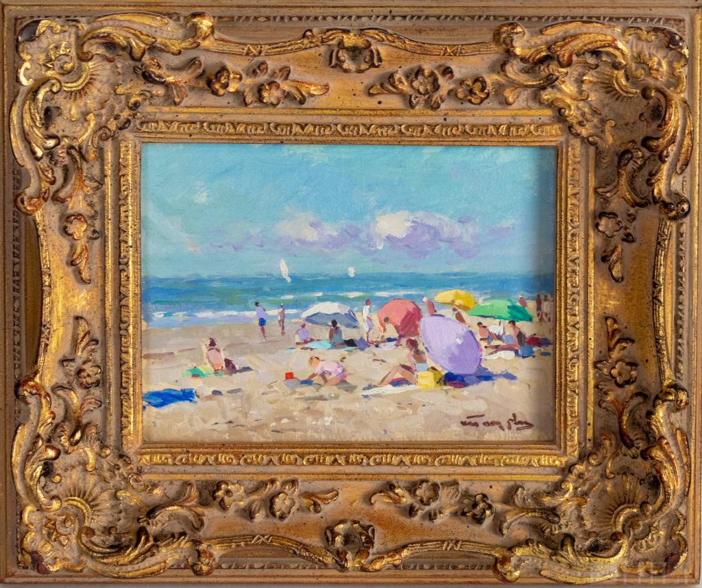 Neik Van Der Pas (Dutch, b1954) Beach Oil Painting: Signed original oil on board painting by Neik Van Der Pas (1954- Dutch) Artwork depicts a scenic beach landscape with sunbathers and umbrellas in the impressionist style. Housed in an ornate gold gilt