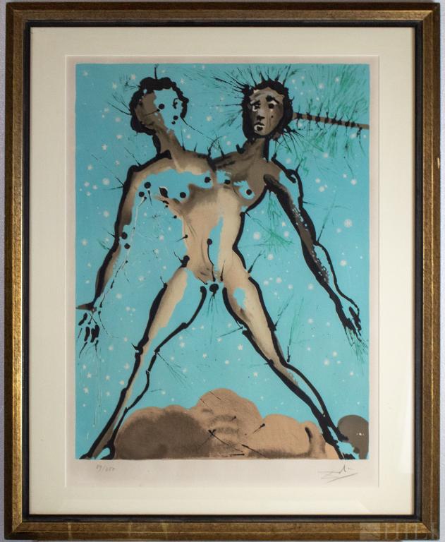 Salvador Dali 1904-1989 Surreal Gemini LE Litho: Signed and numbered limited edition lithographic print on paper by Salvador Dali (1904-1989 Spain). Gemini from the twelve signs of the Zodiac series. Artwork depicts a two headed figure in the Surrea