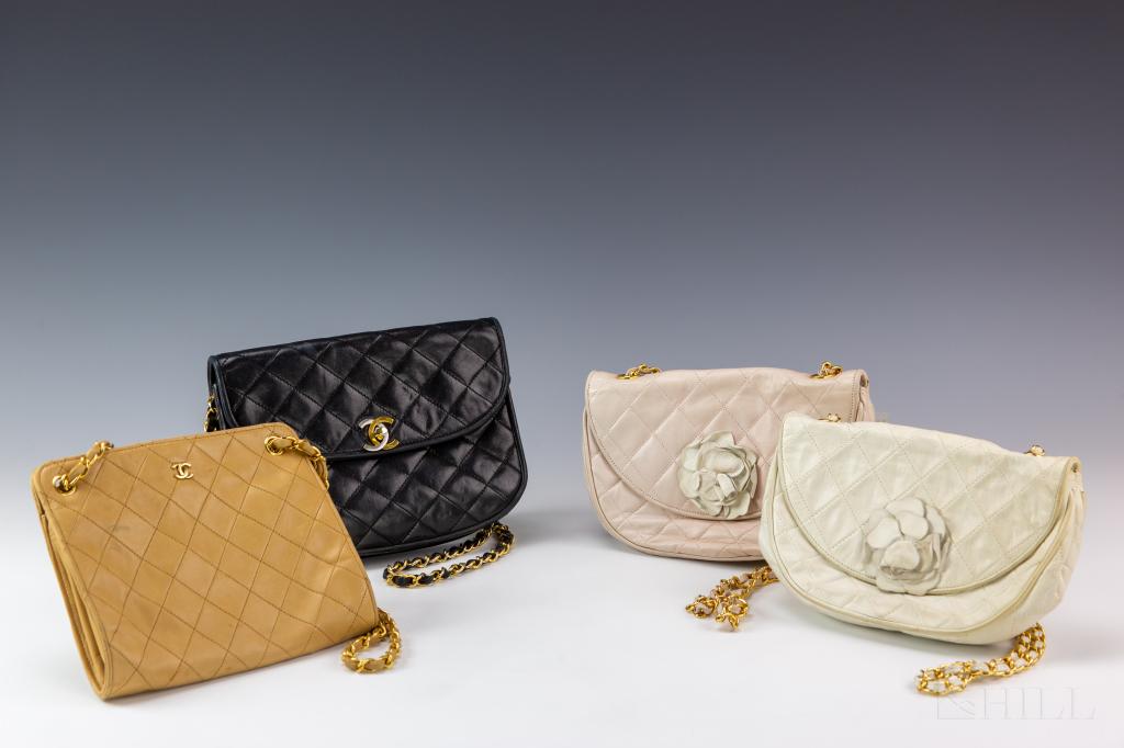 LOT 4 Vintage Leather Chanel Shoulder Bag Purse: Lot of 4 vintage leather Chanel shoulder bag purses. Includes black lambskin quilted leather purse with leather and chain link shoulder strap. Front flap with gold and silver CC turn lock closure. Dar