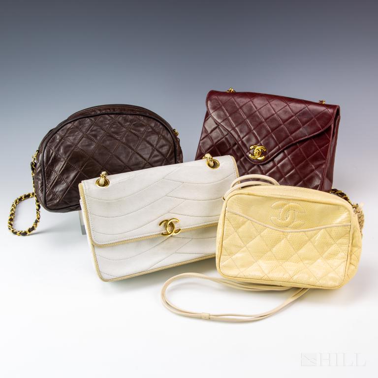 LOT 4 Vintage Chanel Leather Handbags Purses: Lot of 4 vintage leather Chanel shoulder bag purses. Includes dark red/ maroon lambskin quilted leather purse with leather and chain link shoulder strap. Front flap with gold CC turn lock closure. Dar