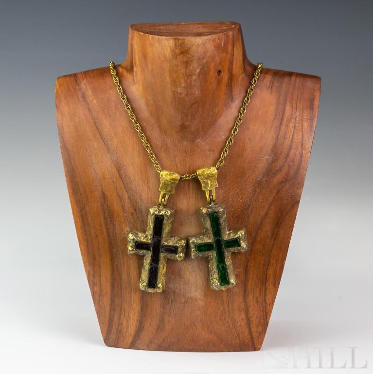 Vintage CHANEL Gripoix Double Cross Necklace: Vintage signed Chanel double cross necklace. Brutalist style with textured surface in antiqued gold tone. Centers set with green and red poured glass stones. Signed Chanel with three stars. Cross appr