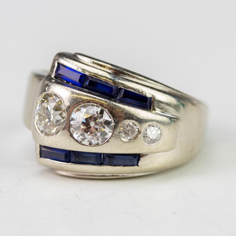 VTG Men's 14k White Gold Diamond & Sapphire Ring: Men's vintage 14k white gold, sapphire and diamond ring. Features a tapered band style with diamond and sapphires with a total combined weight of 1 carats. Weighs 7.5 grams. marked 14k with 5 digit nu
