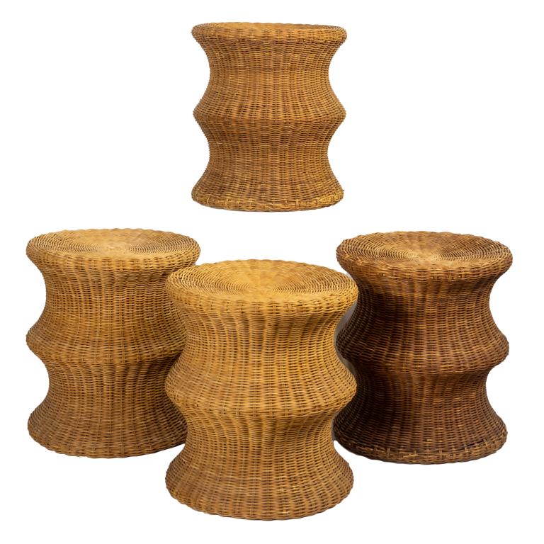 Set of 4 Eero Aarnio for Stendig Mushroom Stools: Set of four woven wicker stools designed by Eero Aarnio (1932- Finland) Double mushroom design in the mid century modern style. Each 16 in. x 15 in. Good condition with mild surface wear. Hill Auction