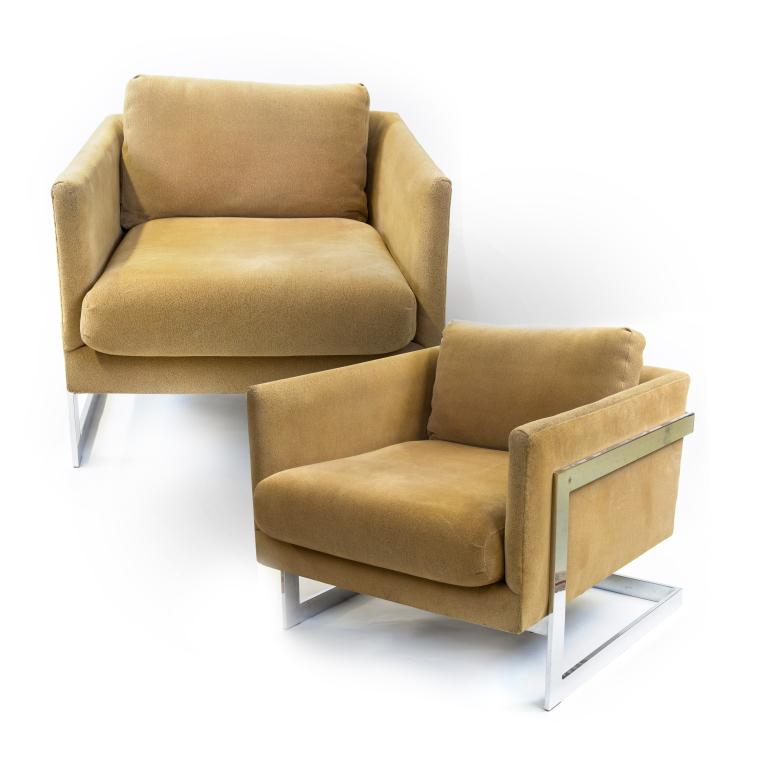 Pair of Milo Baughman Style Modern Chrome Chairs: Pair of mid century modernist chairs. Features an upholstered body in a chrome plated frame. Chairs: 25in. x 31in. x 29in. Good overall condition with wear to upholstery and frame. Hill Auction Galler