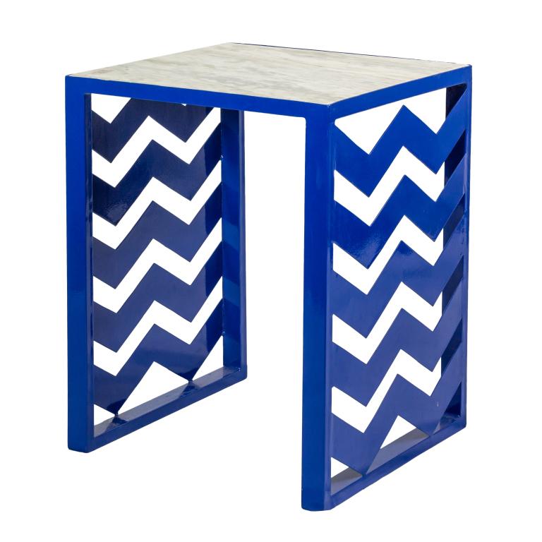 Ettore Sottsass 1917-2007 Italy Marble Side Table: Vintage side table by Ettore Sottsass (1917-2007 Italy). Blue enameled metal with marble top. Sides with zig zag cut out pattern. Table approximately 24 in. x 18 in x 20 in. Good condition with mild s