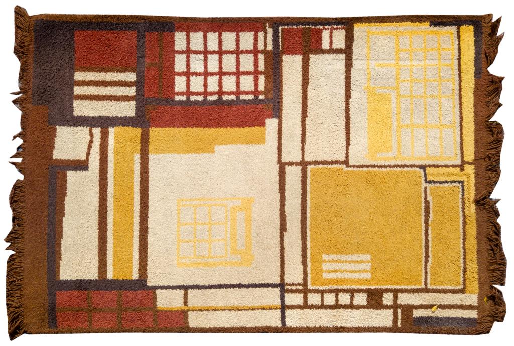 Mid Century Modern Geometric Shag Area Rug 107x67: Large mid century modern geometric shag area rug. Featuring retro colors of beige, dark red, browns and yellow. Measuring: 107 in. x 67 in. Made of wool. Manufacture label from Israel Condition is goo