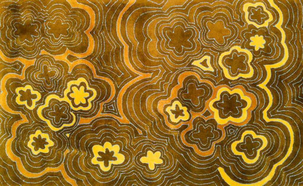 Edward Fields Mid Century Modern Area Rug 97"x60": Vintage area rug by Edward Fields. Deep brown/green gound with abstract floral pattern in light blue and yellow. Signed Edward Fields 1971. Rug approximately 97in. x 60in. Good condition with mild sur