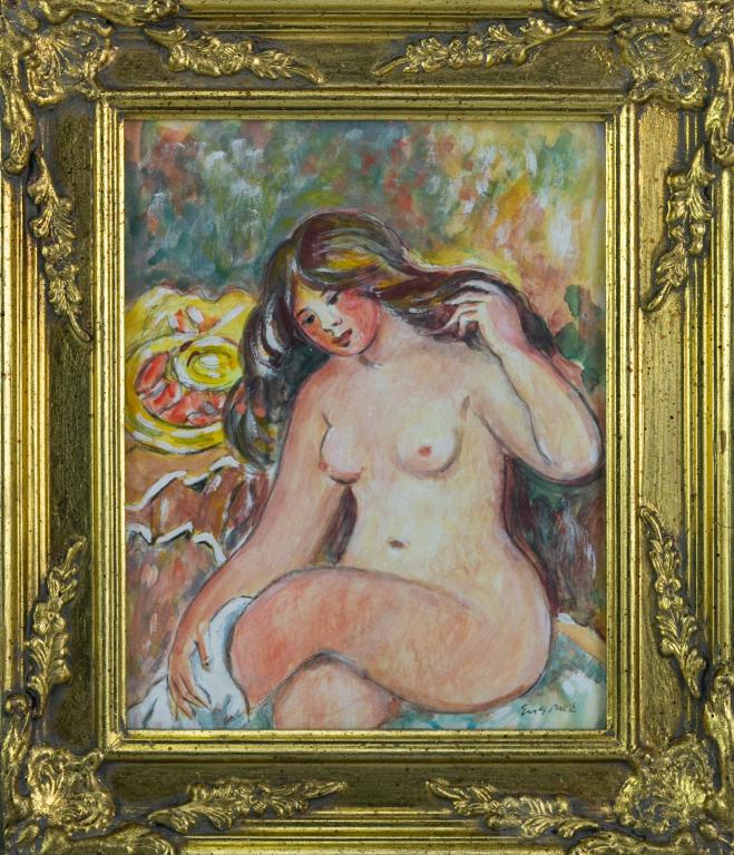 Wayne Ensrud 1934- American Female Nude Painting: Signed original mixed media on paper painting by Wayne Ensrud (1934 New York / Minnesota) Artwork depicts a female nude in gorgeous impressionist colors. Artist signature lower right. Housed in an orn