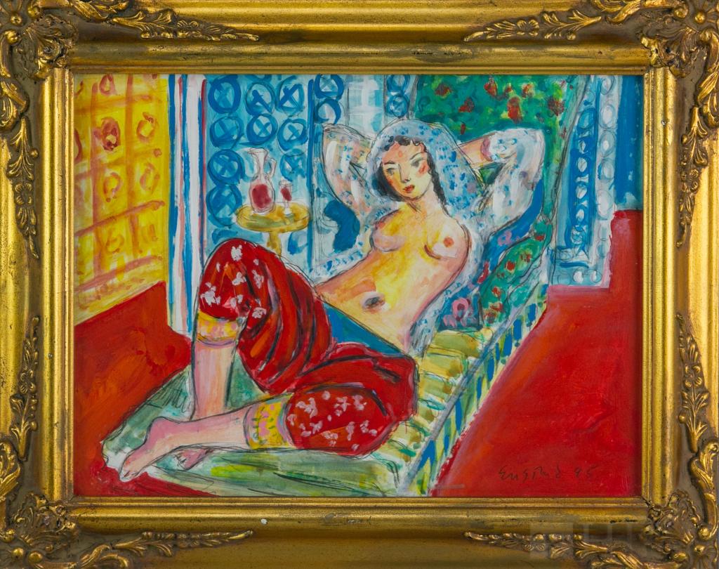 Wayne Ensrud 1934- American Female Nude Painting: Signed original mixed media on paper painting by Wayne Ensrud (1934 New York / Minnesota) Depicts a female nude in an Orientalist style interior. Painted in vibrant colors. Artist signature lower righ