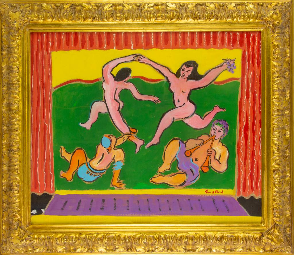 Wayne Ensrud 1934- American Female Nude Painting: Signed original mixed media on paper painting by Wayne Ensrud (1934 New York / Minnesota). Artwork depicts a pair of nude dancing females with musicians set on a theatre type of stage. Vibrant colors.