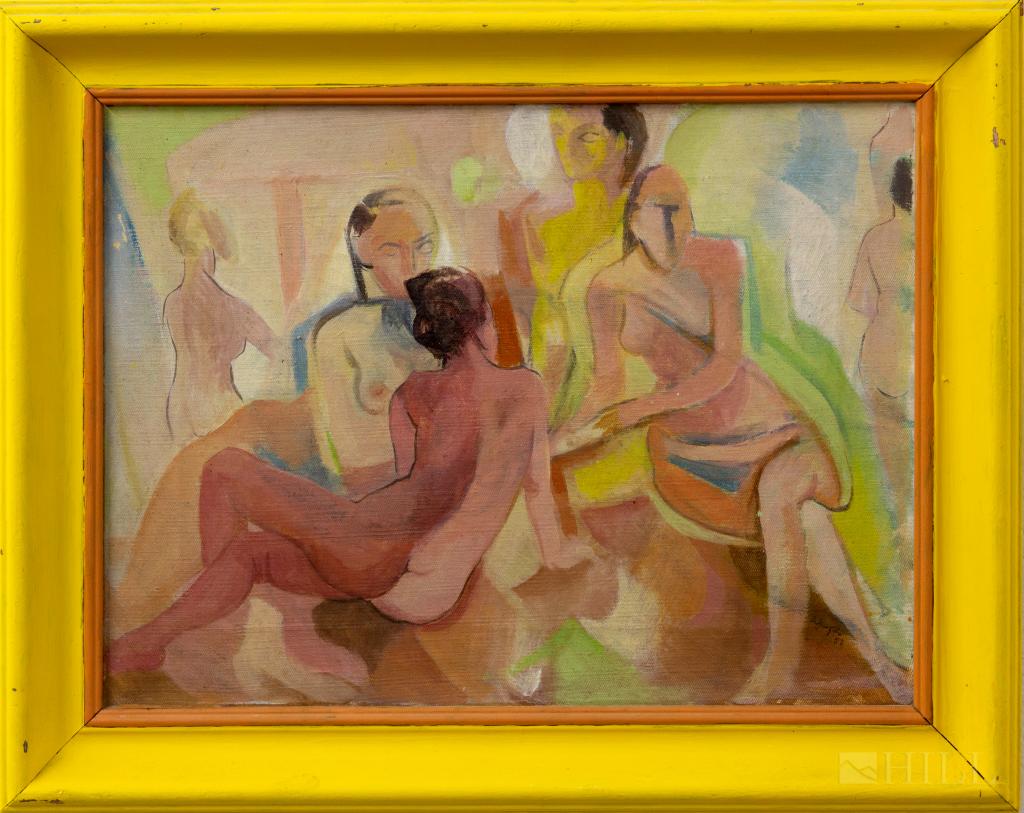 Jane Buffington American Nude Female Oil Painting: Jane Buffington (American, 1912 - 1980) mid century modern oil on canvas painting. Depicts a grouping of stylized nude woman. Signed lower right and dated 57'. Work window measures 12" x 16". Frame me