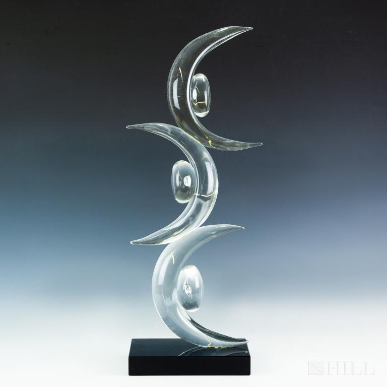 Elio Raffaeli Large Murano Art Glass Sculpture: Elio Raffaeli Murano Italian studio art glass sculpture. Features an abstract modernist crescent form with amethyst tone glass. Signed on base. Measures 27in. x 9in. x 6in. Good overall condition with