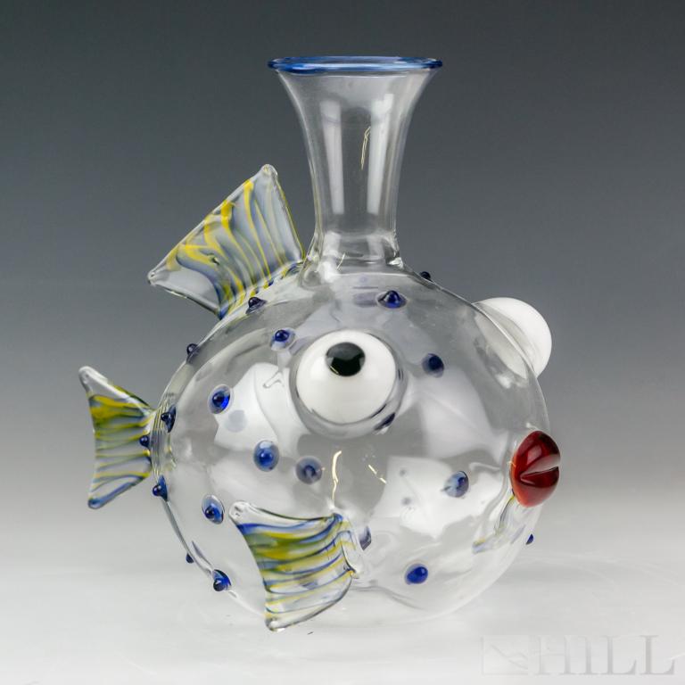 Massimo Lunardon Italian Art Glass Fish Carafe: Wine carafe by Massimo Lunardon. Crafted of Italian art glass. "Parrot Fish" design in clear glass with colorful additions. Artist signed on bottom. Decanter approximately 9 1/2 in. x 10 1/2 in. Good