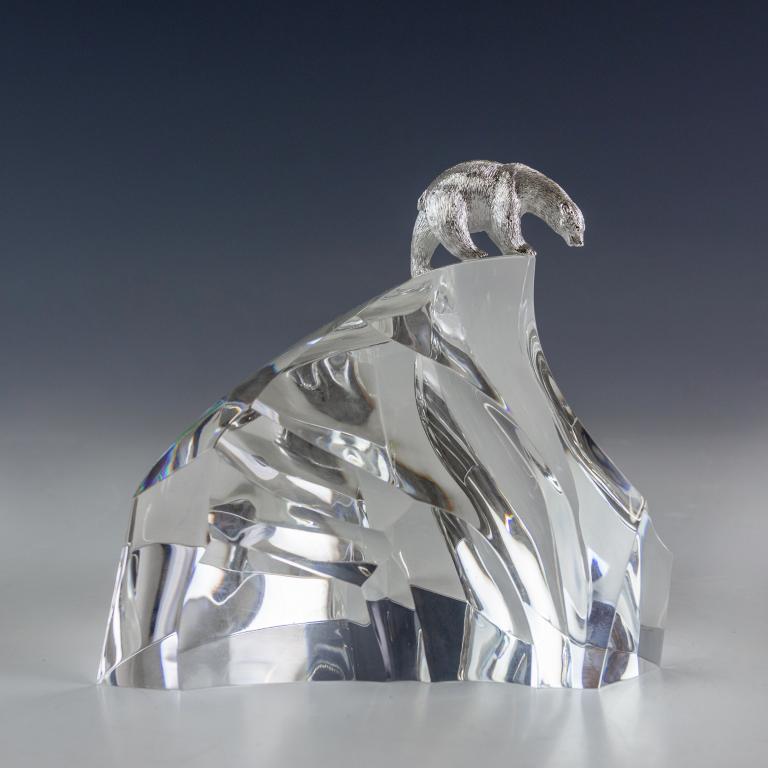 Steuben Art Glass Silver Polar Bear Ice Sculpture: Designed by James Houston and released in 1974. "Houston Arctic Series: Ice Bear, #1022" Crafted of fine quality Steuben American art glass crystal and sterling silver. Signed Steuben. Sculpture appro