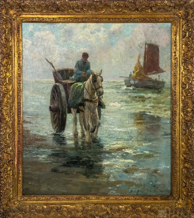 19th Century Seascape Impressionist Oil Painting: Antique 19th Century oil on canvas coastal seascape painting. Depicts a coastline with a horse drawn cart and rider in the foreground and fishing boats in the background. No Visible signature. Sight m