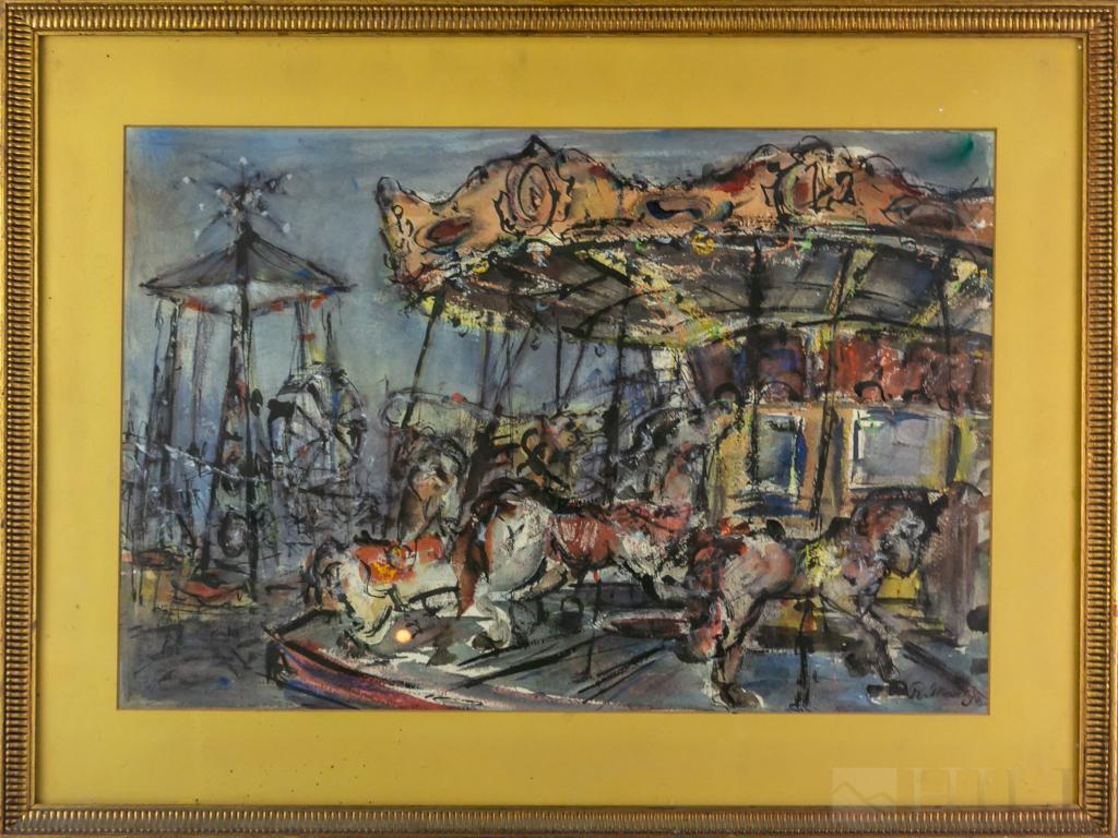 Signed R. Marsh Watercolor On Paper Painting: Mystery artist signed R. Marsh. Depicts a carousel in a carnival. Signed lower right. Work measures 14 1/2" x 21 1/2". Housed in frame measuring 21" x 27 3/4". Good overall condition with wear to fram