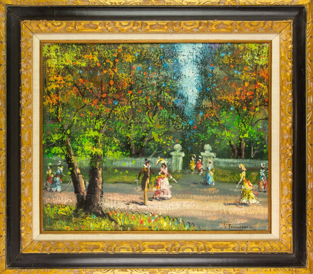 Vittorio Tommasini 1881-1964 Italian Oil Painting: Signed original oil on canvas painting by Vittorio Osvaldo Tommasini Farfa (1881-1964 Italy). Artwork depicts figures in Victorian era dress in a park like setting. Artist signature lower right. Work 
