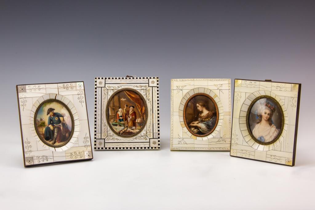 LOT 4 Antique Miniature Fine Hand Painted Portrait: Collection of 4 fine quality antique miniature portrait paintings. Paintings are cased and painted on raw natural material. Includes portrait of female profile playing piano: 5 3/4 in. x 4 3/4 in. Por