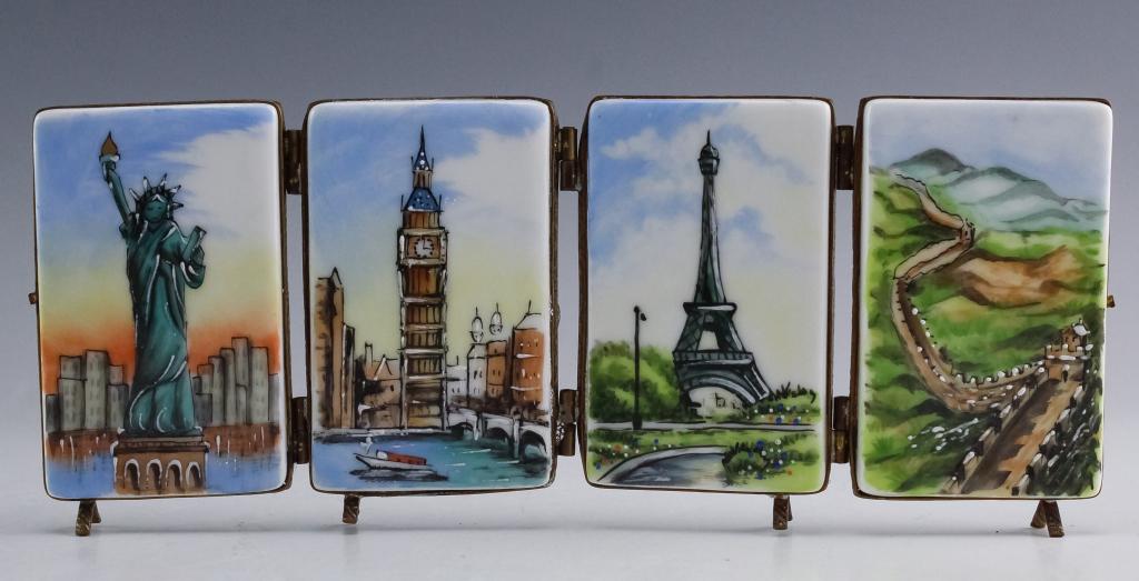 Signed Jacques L/E Limoges & Brass 4 Panel Plaque: Signed Jacques limited edition limoges plaques. Features a series of four 2 1/2" x 1 1/2" porcelain panels with Paris, London, New York and China on them. Signed on verso and numbered 89/500. Good ove