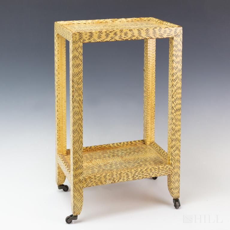 Snakeskin Telephone Table Attributed Karl Springer: Two tier style telephone table with castor wheels attributed to Karl Springer. Elegant vertical table covered in burgundy red snakeskin. Provenance: $100,000,000 Palm Beach mansion. Table approximatel