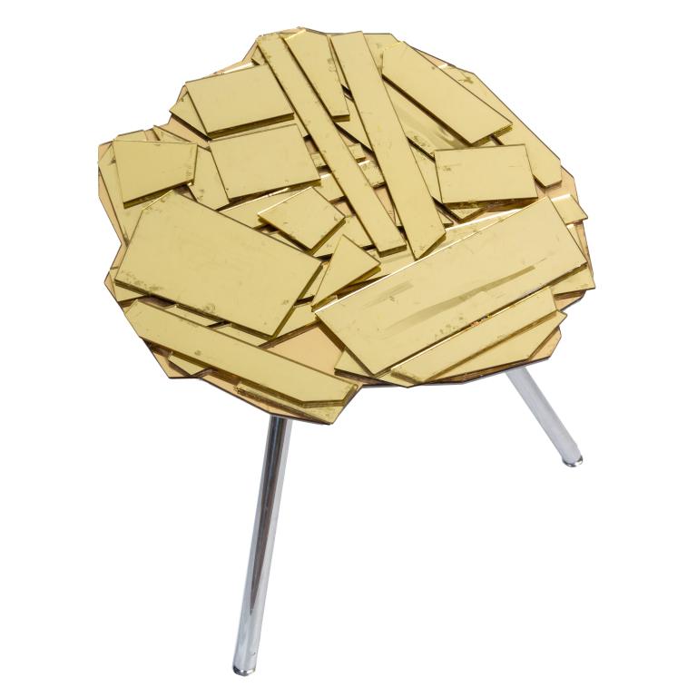 Fernando & Humberto Campana Brasilia Side Table: Brasilia side table circa 2005 designed by Fernando Campana (1961- Brazilian) and Humberto Campana (1953 Brazilian) Crafted of mirrored Lucite in gold tone with metal tripod leg base. Table: 19 1/2 in