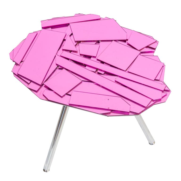 Fernando & Humberto Campana Brasilia Side Table: Brasilia side table circa 2005 designed by Fernando Campana (1961- Brazilian) and Humberto Campana (1953 Brazilian) Crafted of mirrored lucite in vibrant purple with metal tripod leg base. Table: 17 i