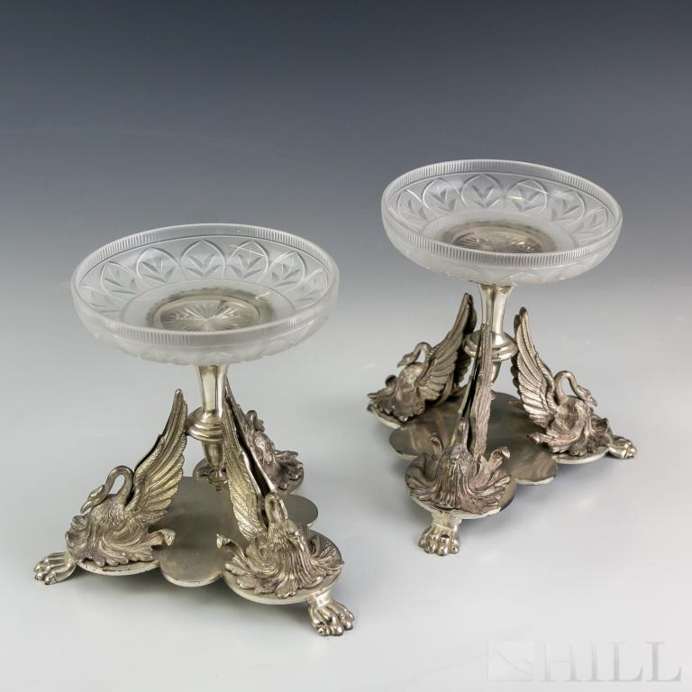 Pr Antique French Empire Style Silverplate Epergne: Crafted of fine quality silver plate. Features a tripod design with lion paw feet. Three swans with raised wings support a turned form center. Elegant cut and frosted glass bowls rest on top. Each mea