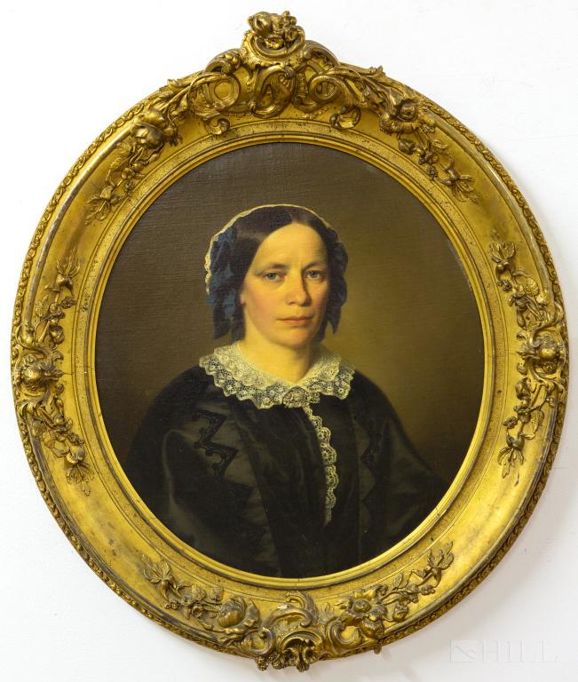 Fine Antique Continental School Portrait Painting: Fine antique oil on canvas painting of a woman. Depicts a dark haired woman with fair skin and piercing blue eyes depicted with great detail. Unsigned. Work: 26in. x 23in. Frame: 39in. x 32in. Relined