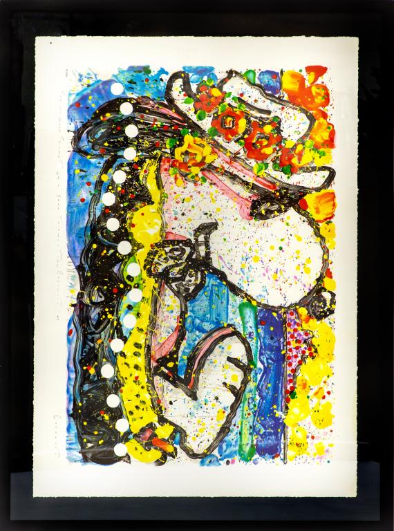 Tom Everhart b.1952 Snoopy Signed Chillin Litho: Tom Everhart (American, b. 1952) Signed and numbered limited edition, hand pulled Snoopy lithograph, titled "Chillin". Artist signature in pencil, lower right corner, with personalized note on bottom,