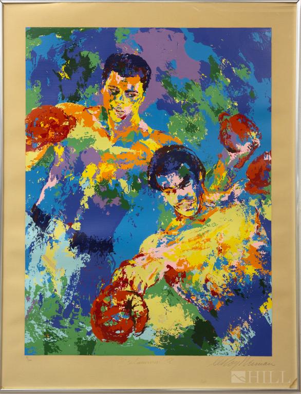 LeRoy Neiman 1921-2012 Muhammed Ali Screen Print: Signed and numbered limited edition screen print on paper by LeRoy Neiman (1921-2012 American) "Ali-Forman in Zaire". Artwork depicts the iconic Rumble in the Jungle fight between George Foreman and M