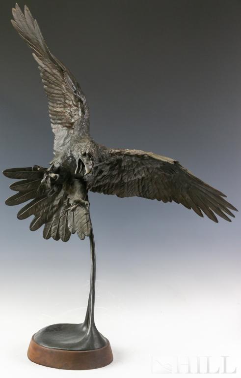 William Hald b 1948 Free Bald Eagle Bronze Statue: William Hald (American, b.1948) bronze bald eagle sculpture. Signed and dated along bottom rim, WM Hald 1978 "Free Bald Eagle". Bronze sits upon a smooth round wooded base. Statue and base: 38 in. x 3