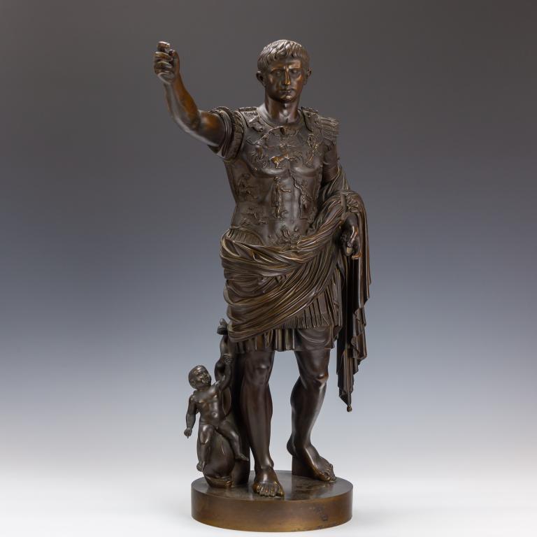 B Boschetti 1820-1879 Bronze Emperor Augusta: Benedetto Boschetti (Italian, 1820-1879). Bronze Statue of Emperor Augusta. Beautiful detail and patina. Signed on base. Figure: 25 1/2 in. x 9 in. Good condition, showing normal storage wear. Hill Au